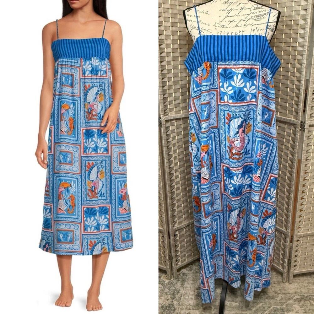 Printfresh Tidal Tapestry Daydream Nightgown Size L Blue Organic Cotton Pockets
